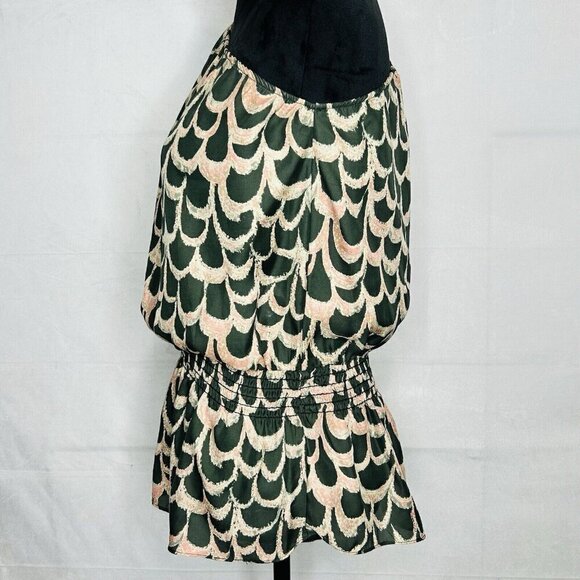 T-Bags Los Angeles One-Shoulder Top Size S Green Pink Scallop Pattern Smocked - Picture 5 of 7